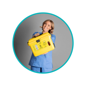 Circle Image S14 woman WEB Circle image of clinician holding yellow Sharpsmart container