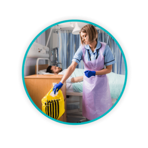 Circle tiger striped Circle image of nurse disposing medical waste into tiger stripped back
