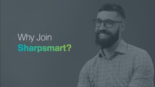 Man smiling beside the text “Why Join Sharpsmart?”